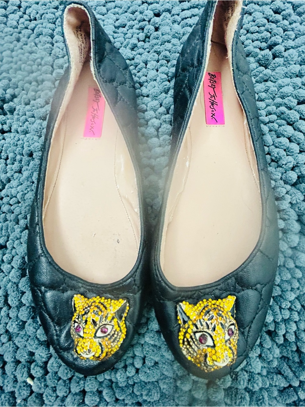 Betsey Johnson Black Quilted Flats with Yellow Beaded Cat Appliqué